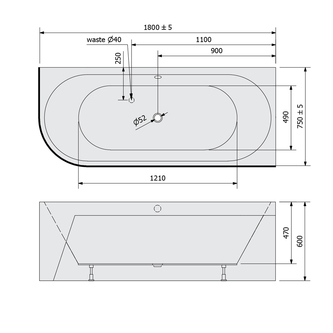 VIVA R MONOLITH asymmetrische Badewanne 180x75x60cm, rechts, weiß